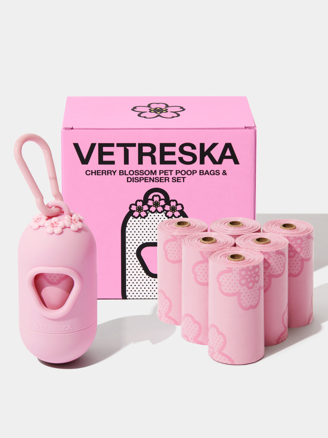 Dispensador Cherry Blossom de bolsas para desechos de mascotas mas 7 rollos VETRESKA
