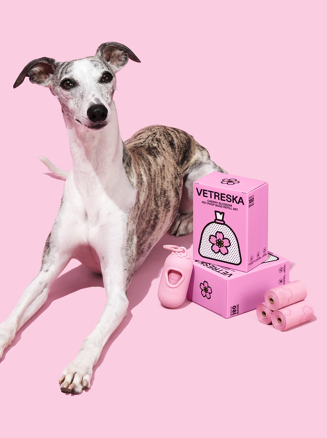 12 Rollos de repuesto de 15 bolsas cada uno para desechos de mascotas con aroma Cherry Blossom VETRESKA