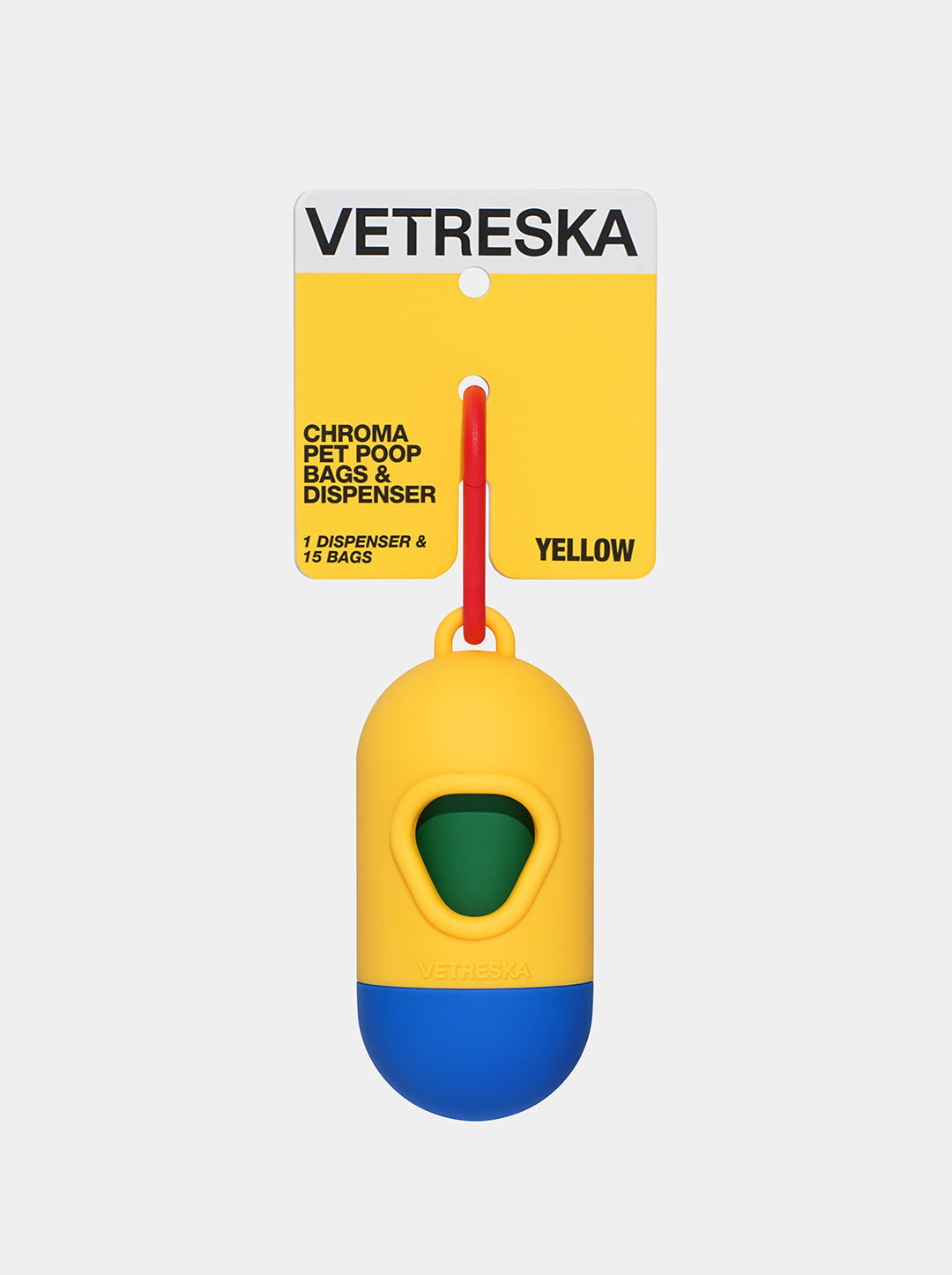 Dispensador Chroma Amarillo y Azul de bolsas para desechos de mascotas VETRESKA