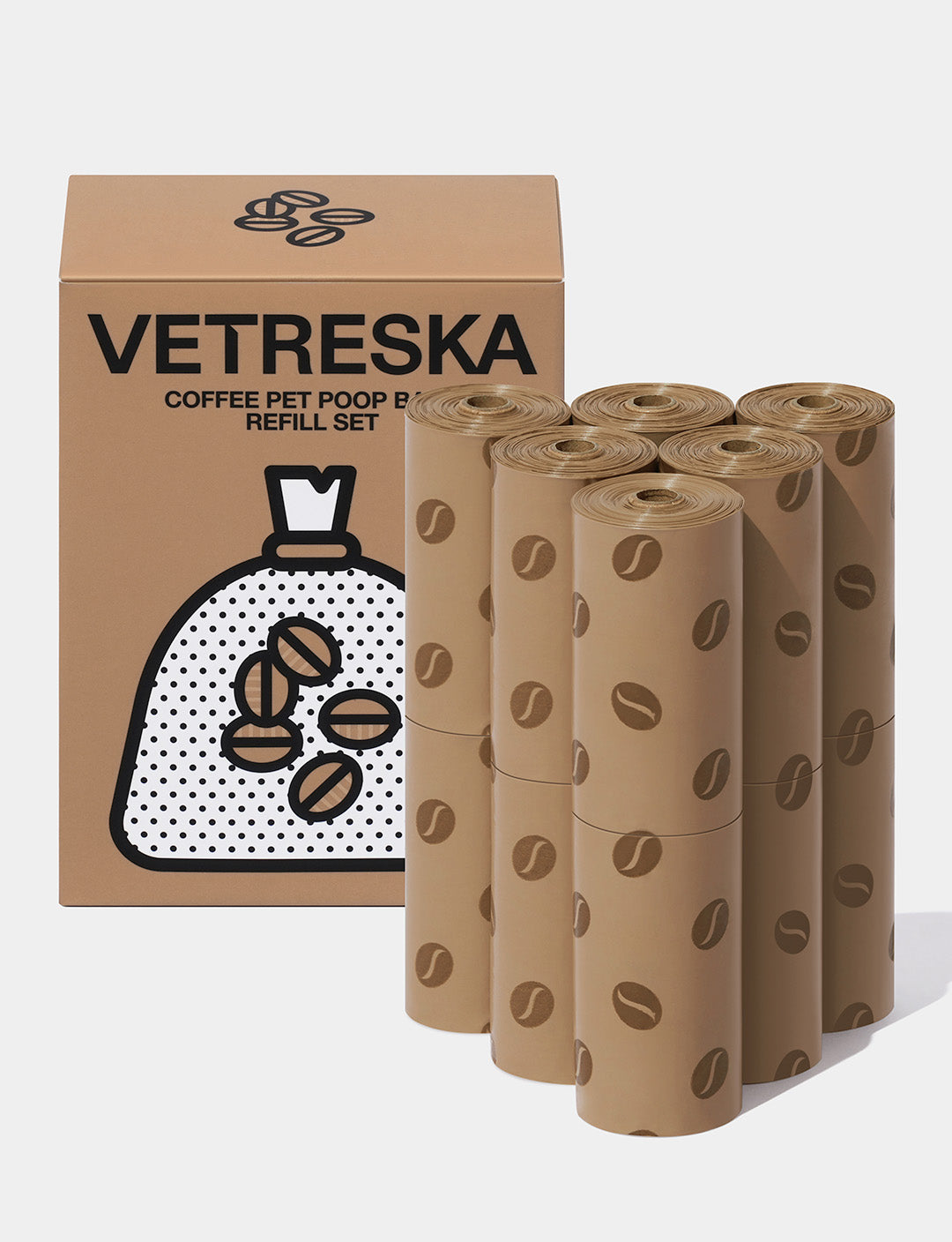 12 Rollos de repuesto de 15 bolsas cada uno para desechos de mascotas con aroma Cafe VETRESKA