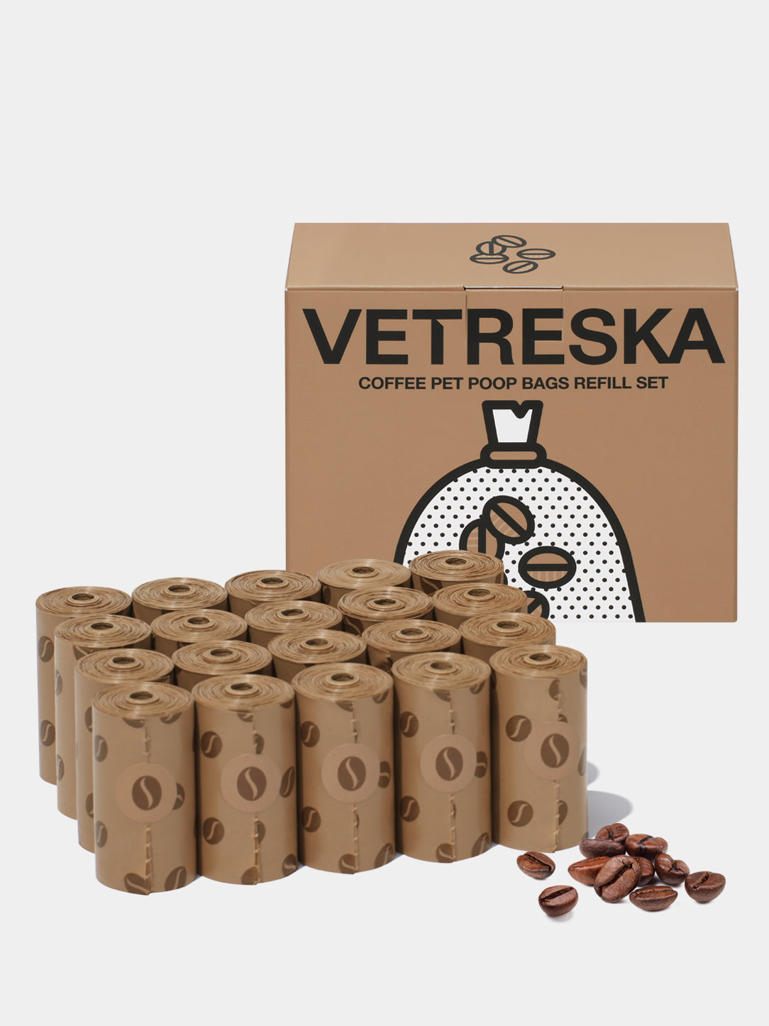 20 Rollos de repuesto de 15 bolsas cada uno para desechos de mascotas con aroma Cafe VETRESKA