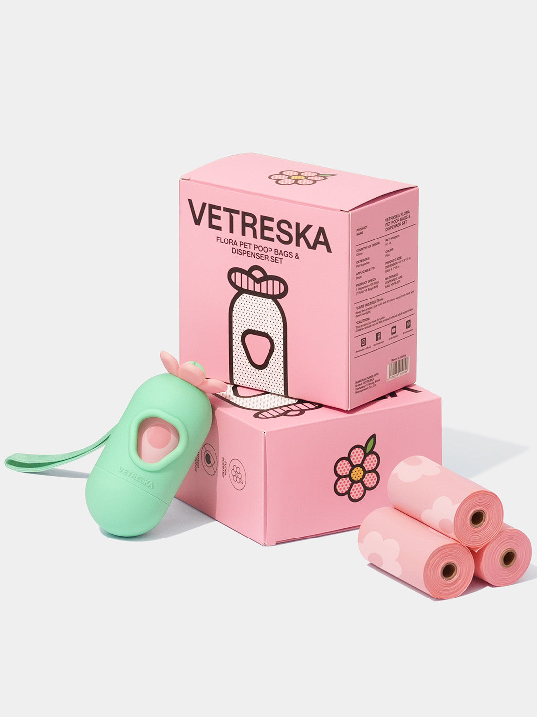 Dispensador Floral Rosado de bolsas para desechos de mascotas mas 7 rollos VETRESKA