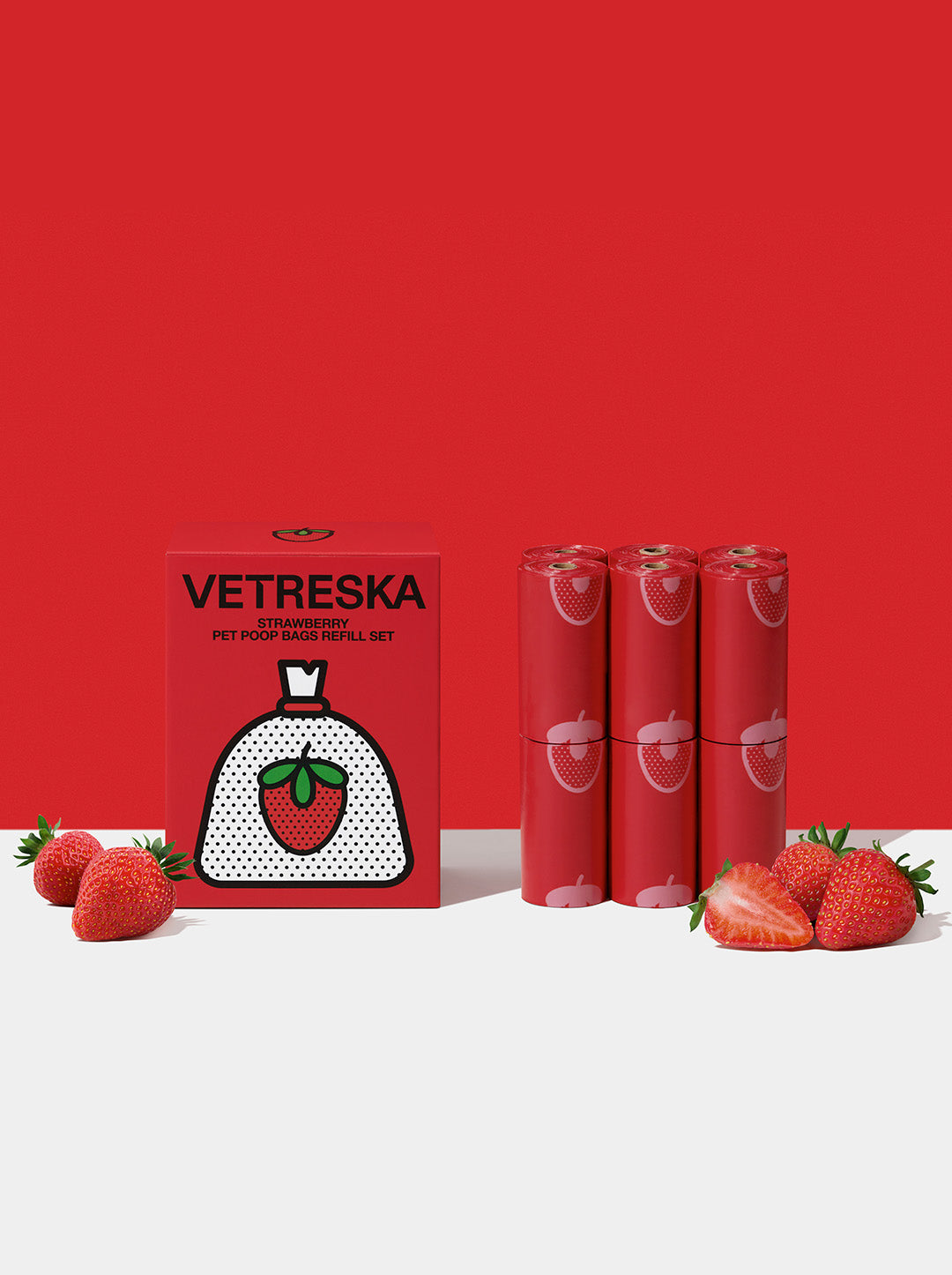 12 Rollos de repuesto de 15 bolsas cada uno para desechos de mascotas con aroma Fresa VETRESKA