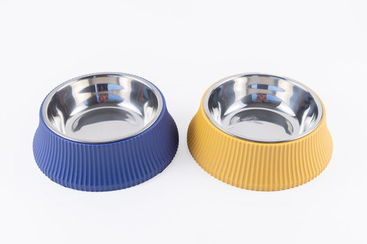 Roman Round Stainless Steel Pet Bowl Blue and yellow