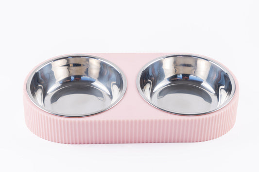 Plato doble rosado Roman para perros y gatos